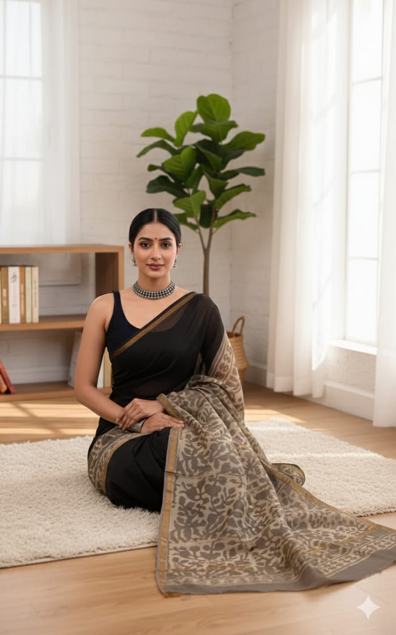 Soft Chanderi Silk Saree With Gold Zari Border