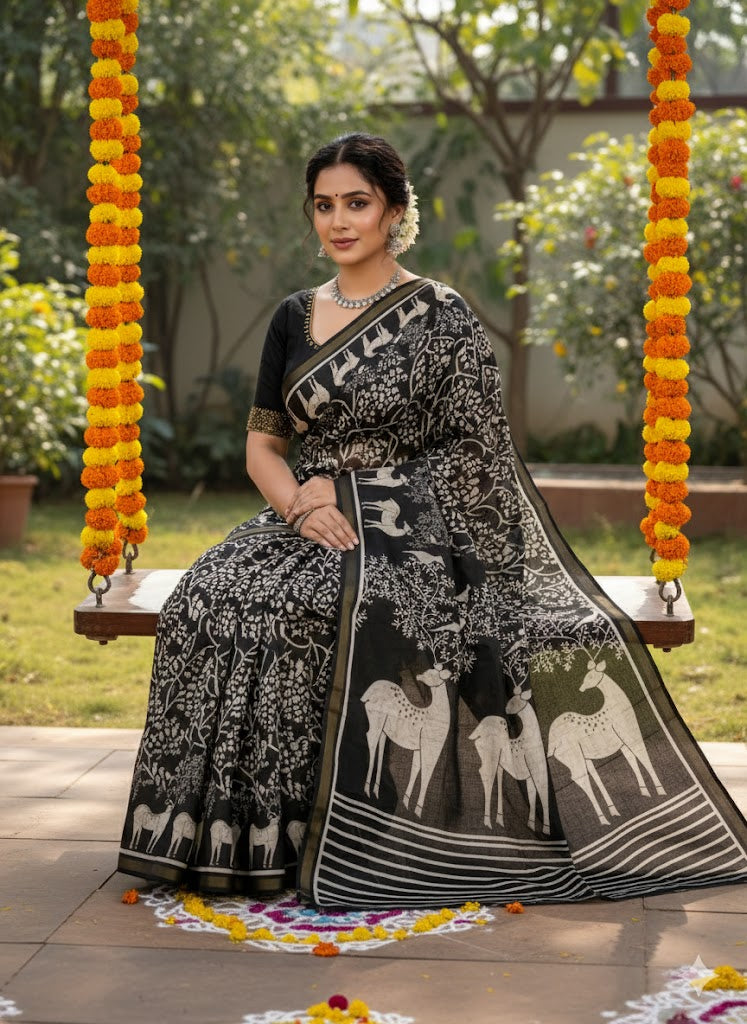 Soft Chanderi Silk Saree With Gold Zari Border