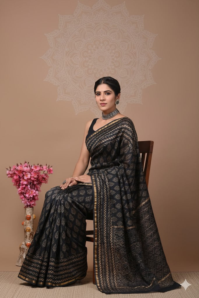 Soft Chanderi Silk Saree With Gold Zari Border