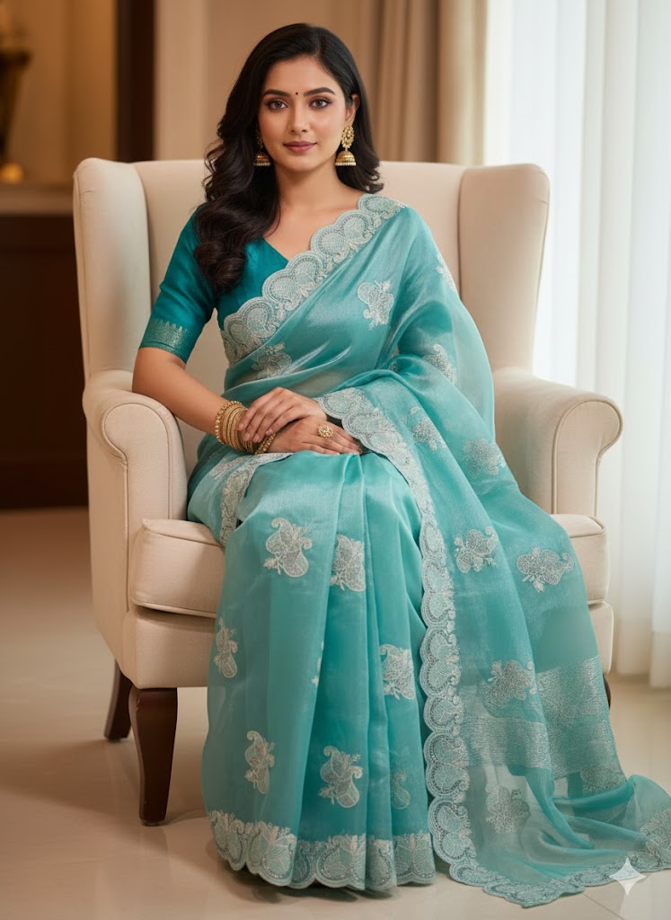 Burberry Chiffon Chikankari Embroidery Work Saree