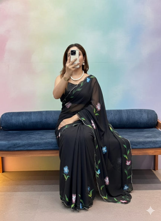 Handpaint Saree With Cut Dana Handwork