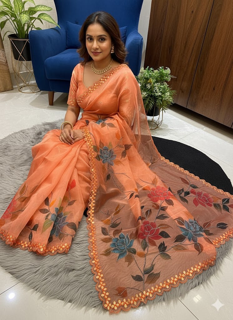 Pure Organza Saree In Floral Digital Print With Handwork