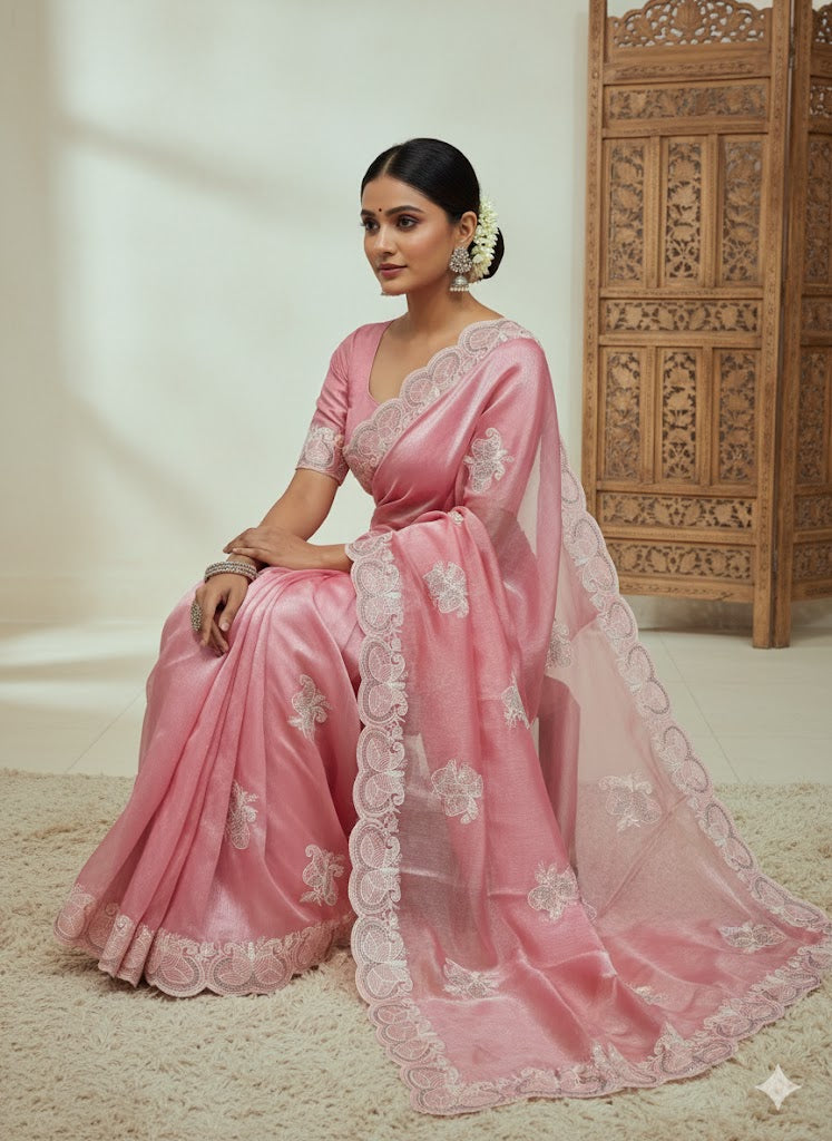 Burberry Chiffon Chikankari Embroidery Work Saree