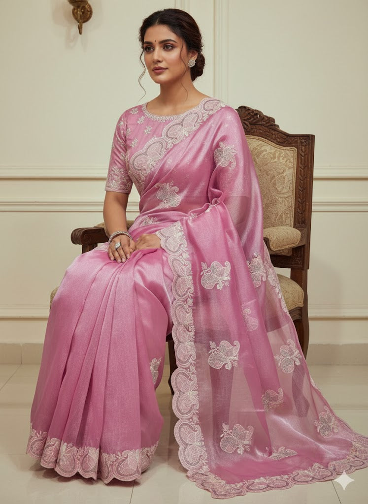 Burberry Chiffon Chikankari Embroidery Work Saree