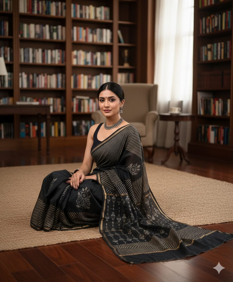 Soft Chanderi Silk Saree With Gold Zari Border