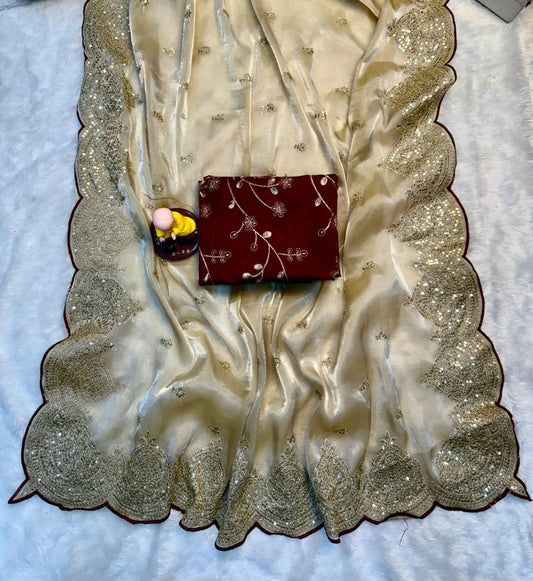 Pure Zimmy Chhoo Satin Saree With Beautiful 3MM Sequence Zari (C-Pallu)