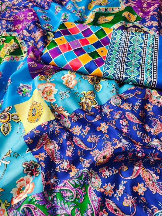 Heavy masakali georgette saree with rajgharana culture digital print and mirror work