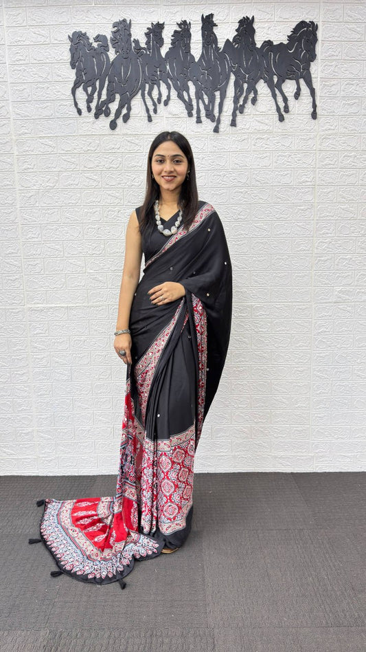 Satin Silk Heavy Mirror Work with Elegant Viscose Latkan Pallu Border