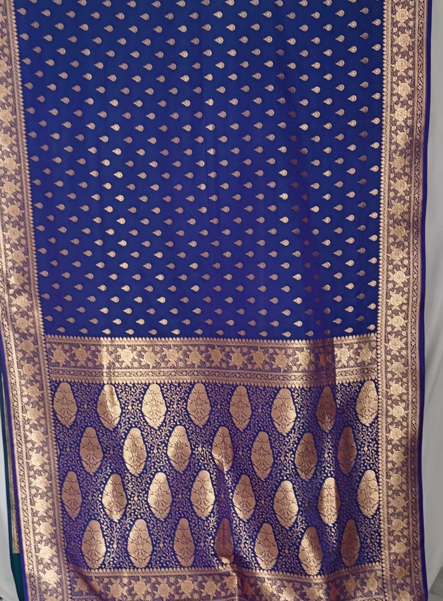Banarsi Blue Silk Saree With Zari Weaving