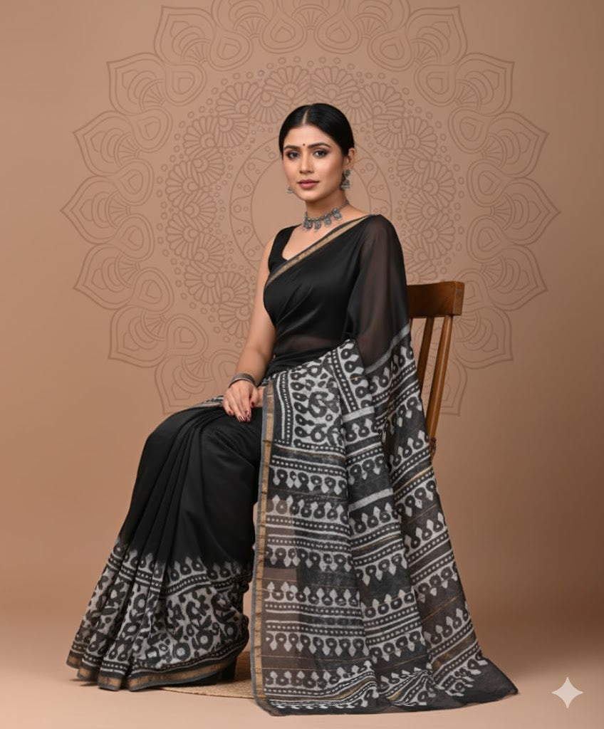 Soft Chanderi Silk Saree With Gold Zari Border