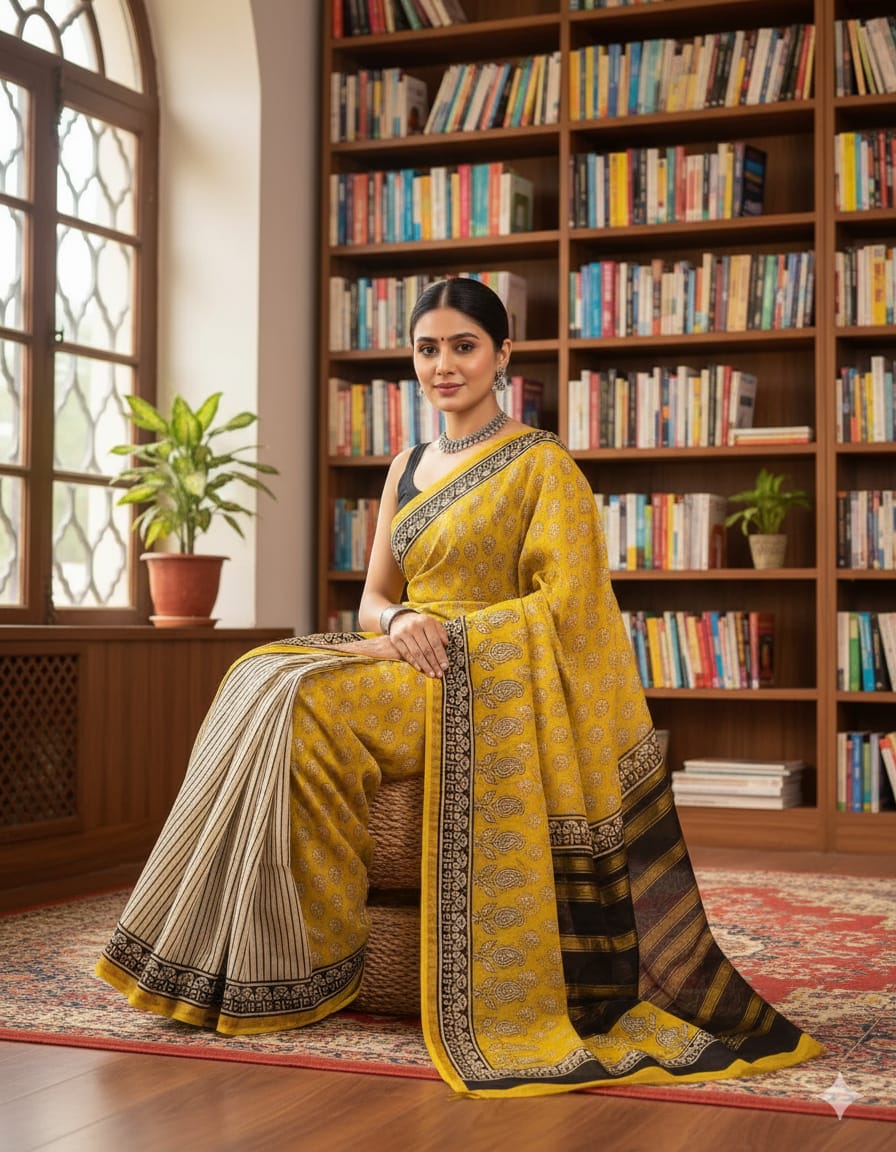 Soft Chanderi Silk Saree With Gold Zari Border