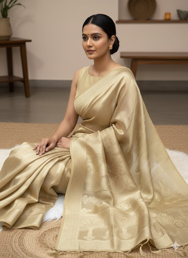 Pure Glass Tissue Saree With Azei Weaving
