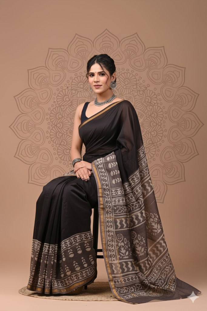 Soft Chanderi Silk Saree With Gold Zari Border