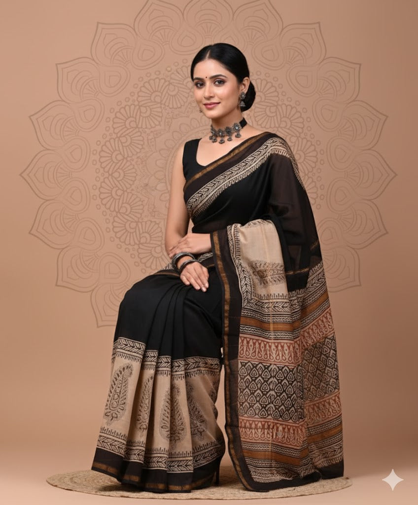 Soft Chanderi Silk Saree With Gold Zari Border