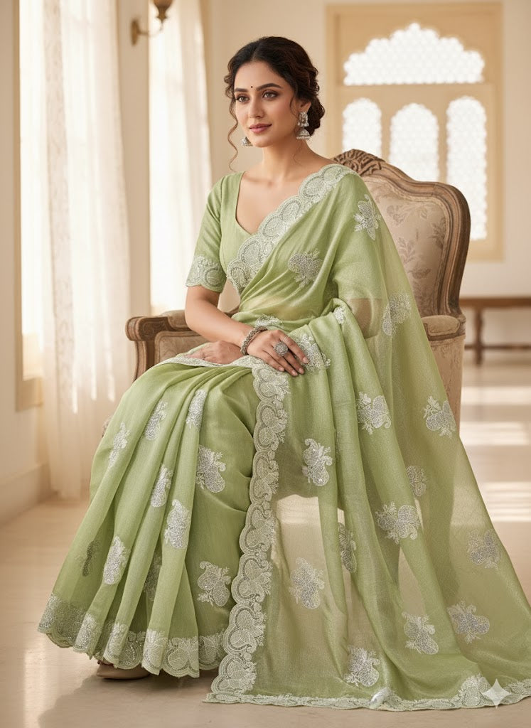 Burberry Chiffon Chikankari Embroidery Work Saree