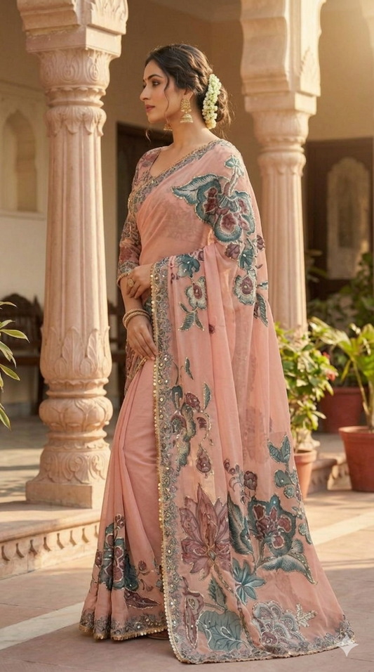 Georgette Embellished , Sequins Work, Hand Mirror Work Saree/Sari