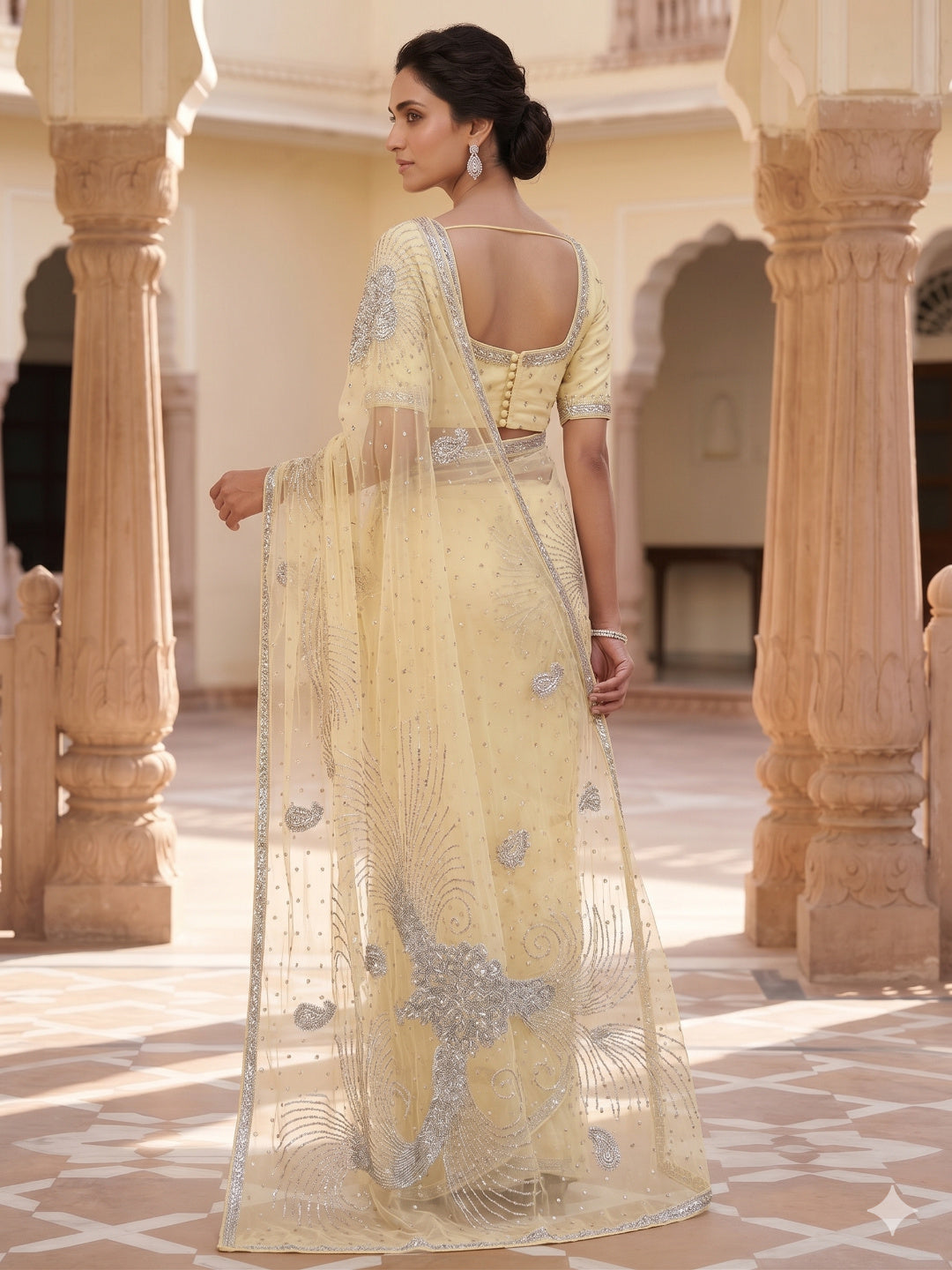 Light Yellow Star Net Saree Cut & Sequins Embroidery Work