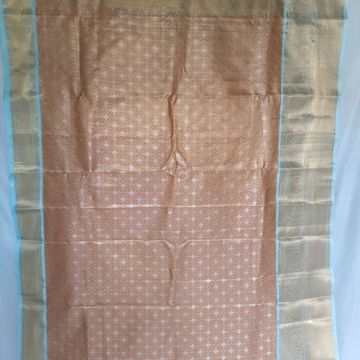 Silk Sari/Saree Peach Tissue silk Kanjivaram style festive partywear unstitched blouse pc