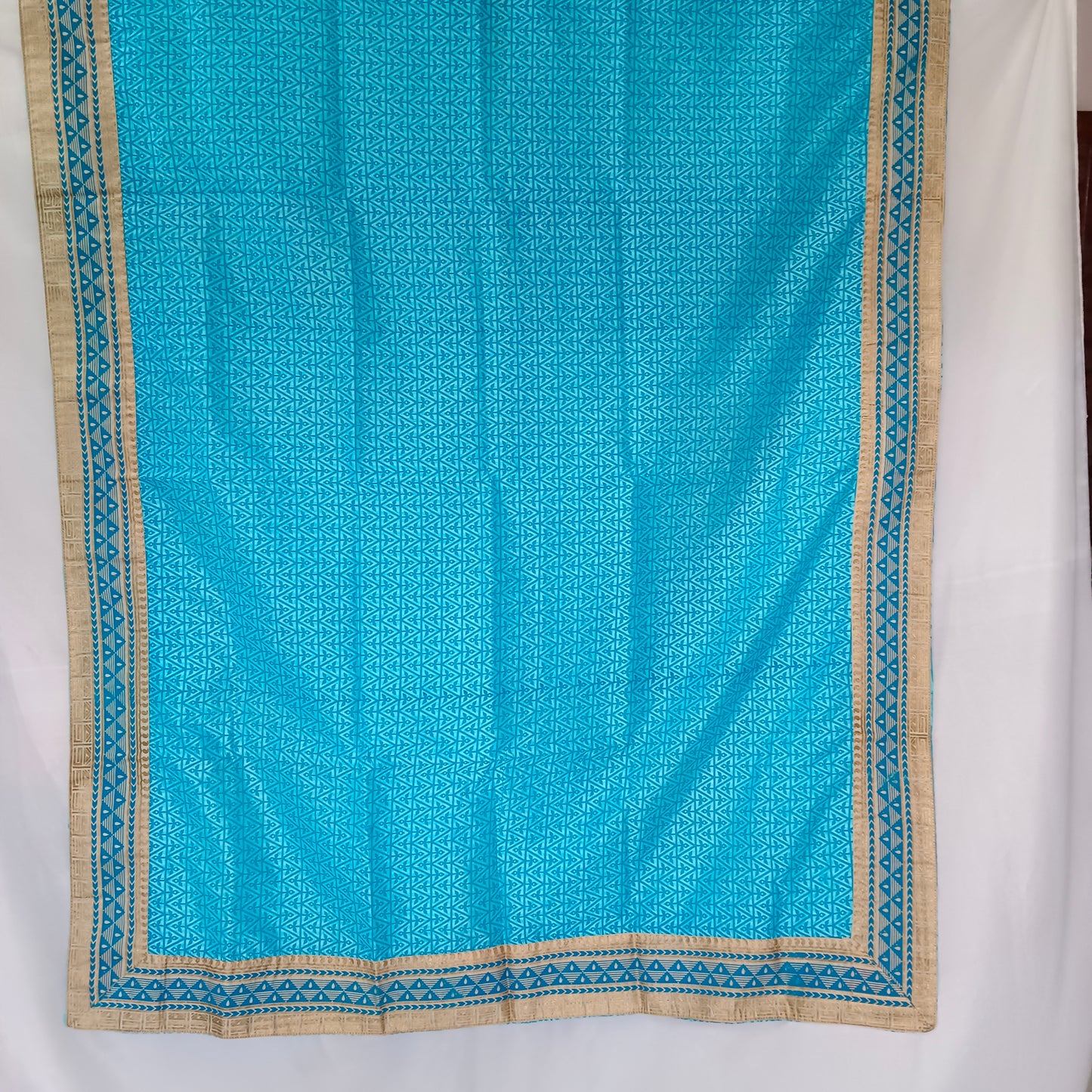 Sky Blue & Golden Border Cotton Saree/Sari