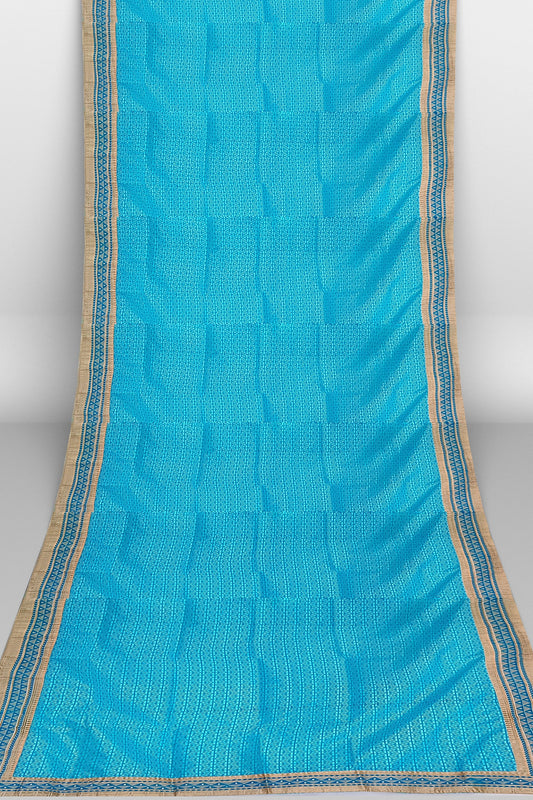 Sky Blue & Golden Border Cotton Saree/Sari