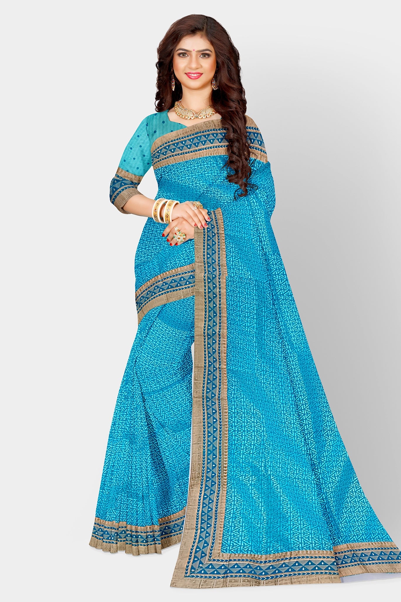 Sky Blue & Golden Border Cotton Saree/Sari