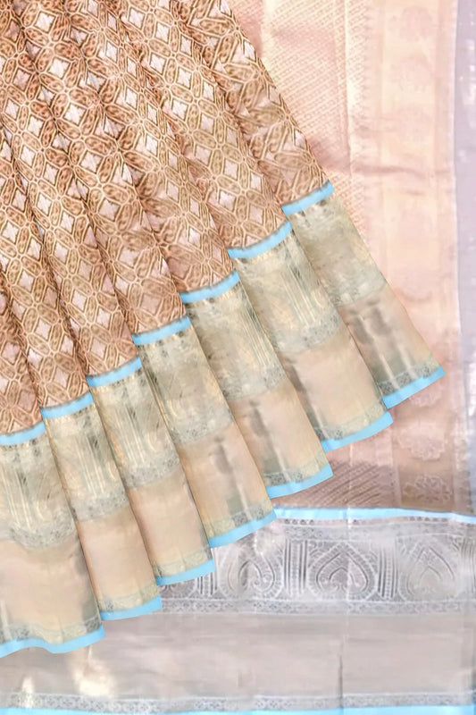 Silk Sari/Saree Peach Tissue silk Kanjivaram style festive partywear unstitched blouse pc