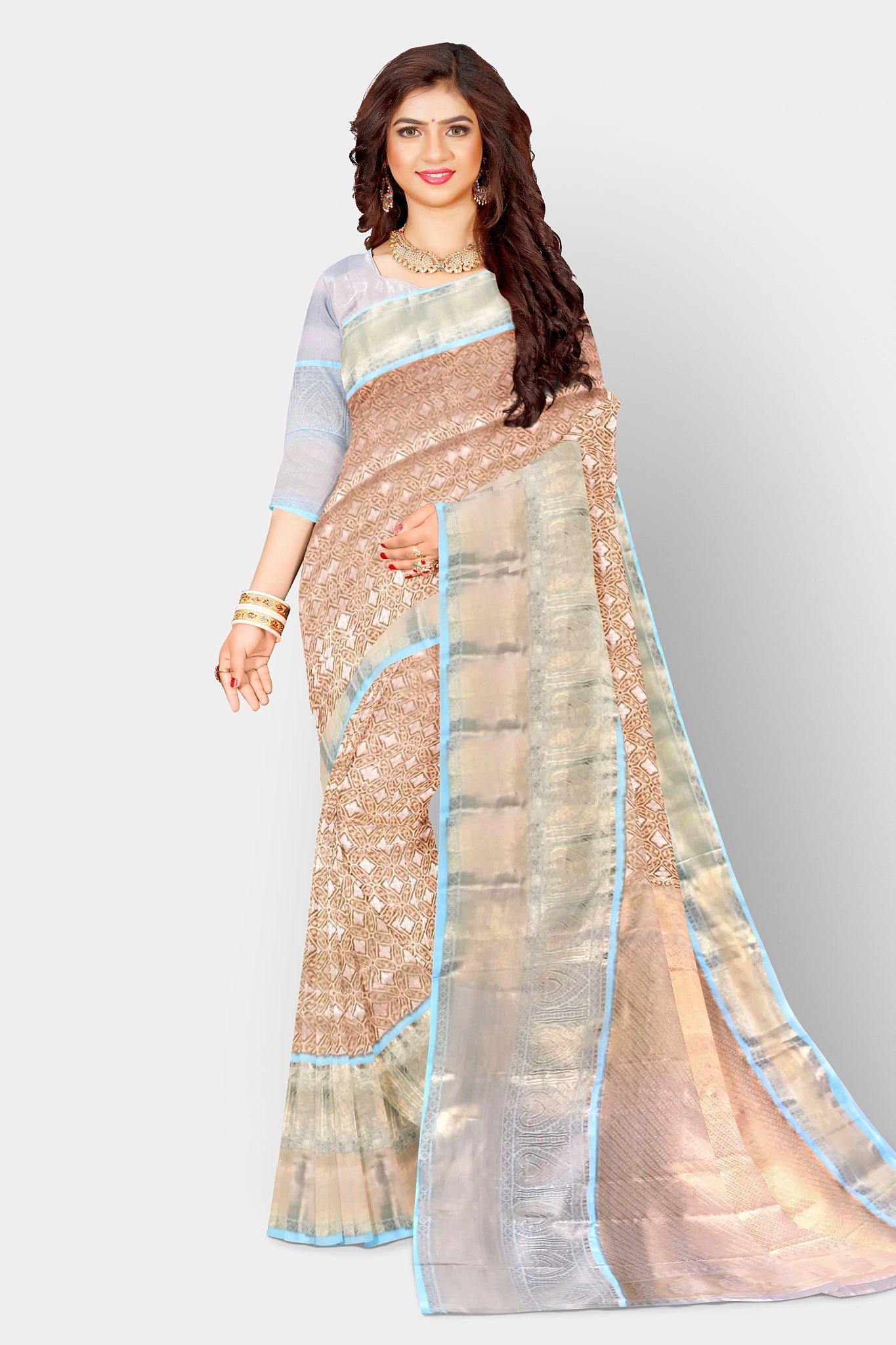 Silk Sari/Saree Peach Tissue silk Kanjivaram style festive partywear unstitched blouse pc