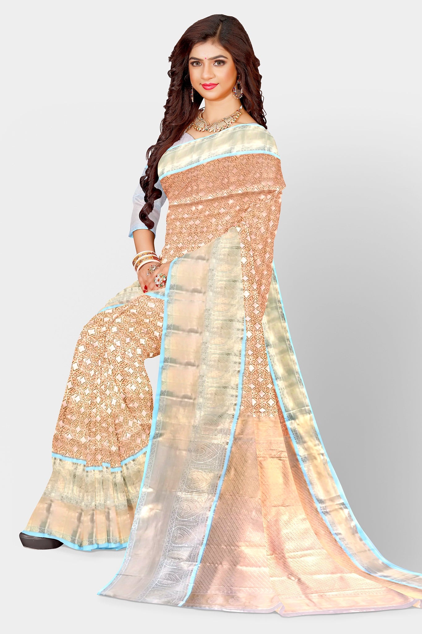 Silk Sari/Saree Peach Tissue silk Kanjivaram style festive partywear unstitched blouse pc