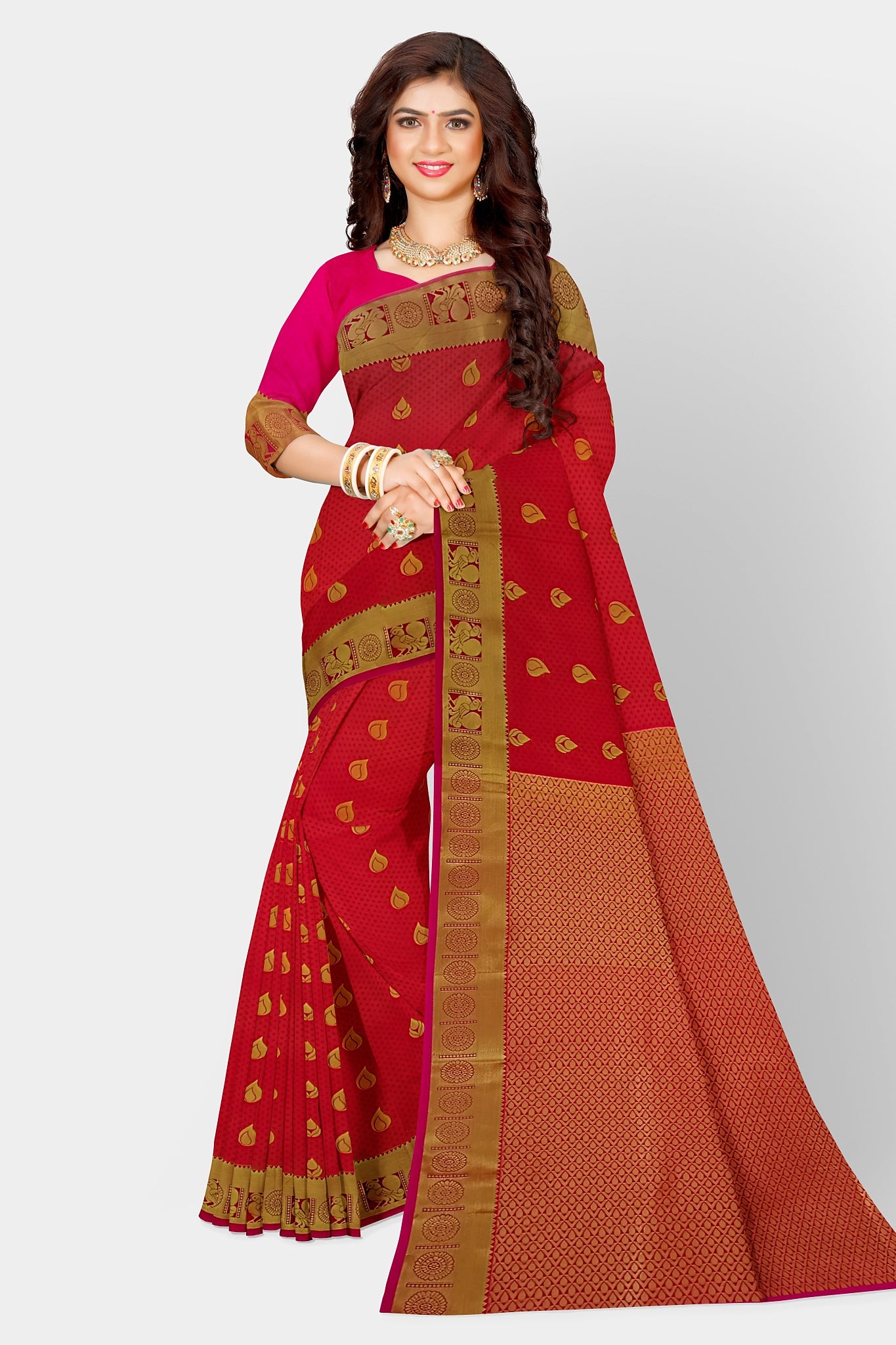 Red Kanjivaram soft silk sari Golden border Indian saree