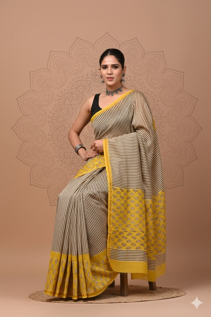 Soft Chanderi Silk Saree With Gold Zari Border