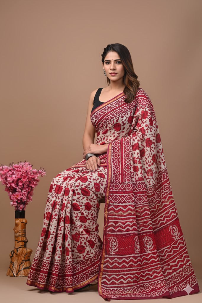 Soft Chanderi Silk Saree With Gold Zari Border