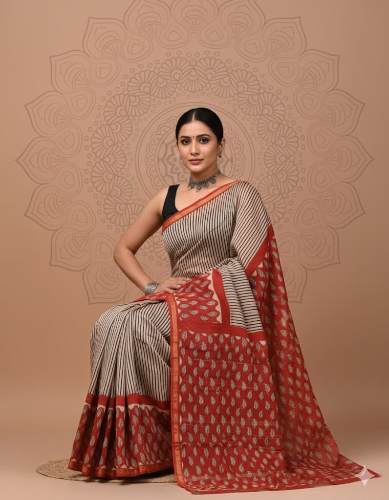 Soft Chanderi Silk Saree With Gold Zari Border