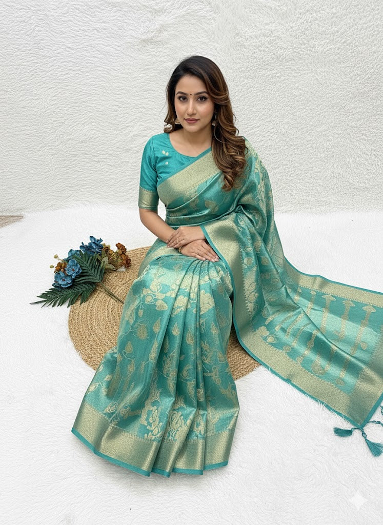 Pure Glass Tissue Saree With Azei Weaving