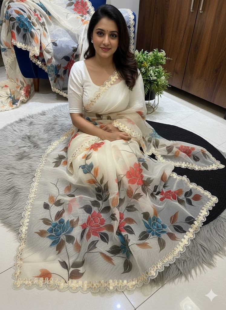 Pure Organza Saree In Floral Digital Print With Handwork