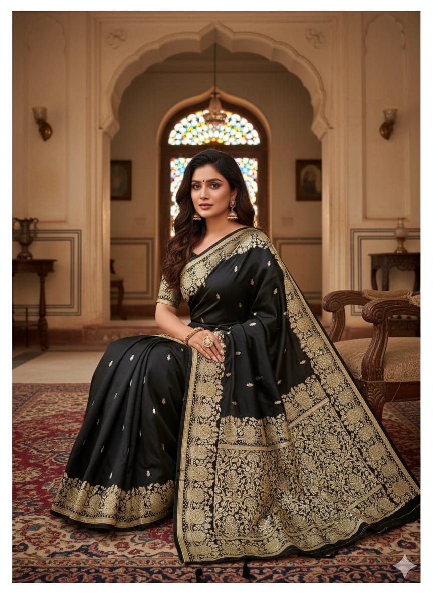 Women Pure Soft Banarsi Silk Saree Black With Zari Weaved