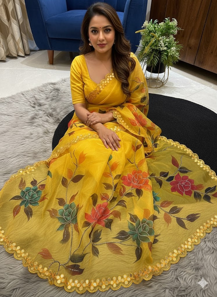 Pure Organza Saree In Floral Digital Print With Handwork