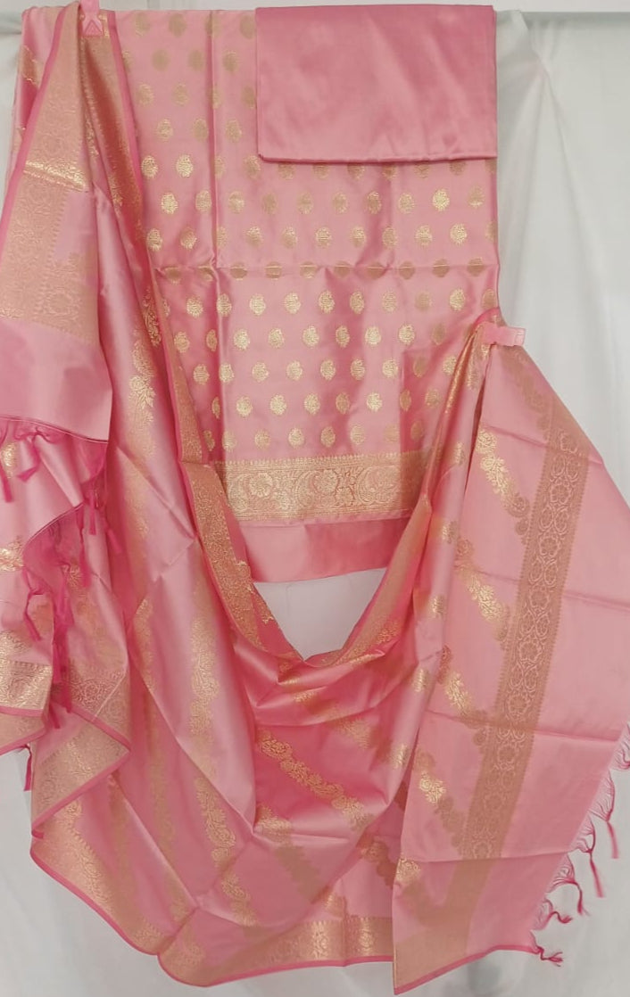 Unstitched Tapeta Silk Pink Suit For Women-Resham Weaving