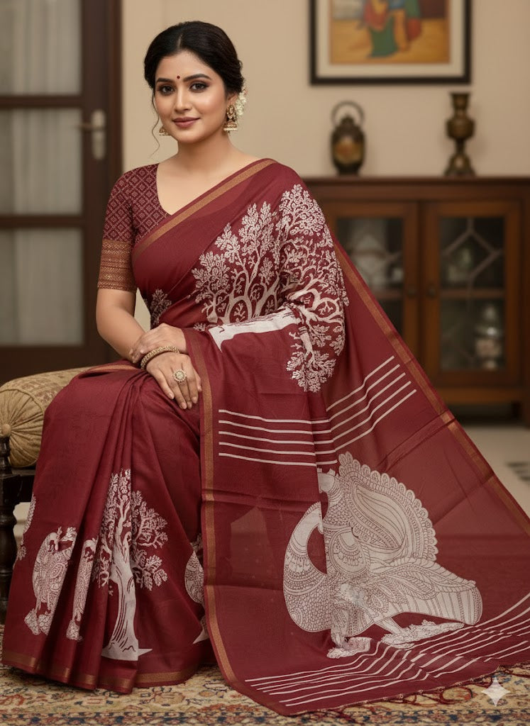 Soft Chanderi Silk Saree With Gold Zari Border