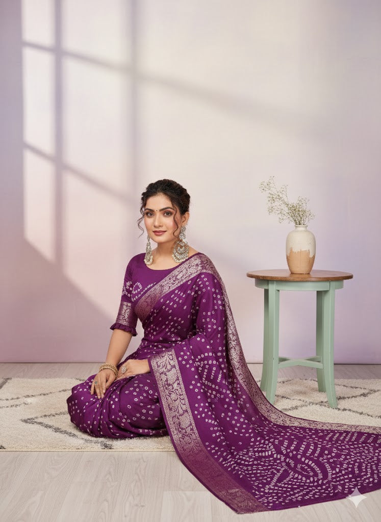 Paithani Bandhej Silk Saree With Zari Weaving Border