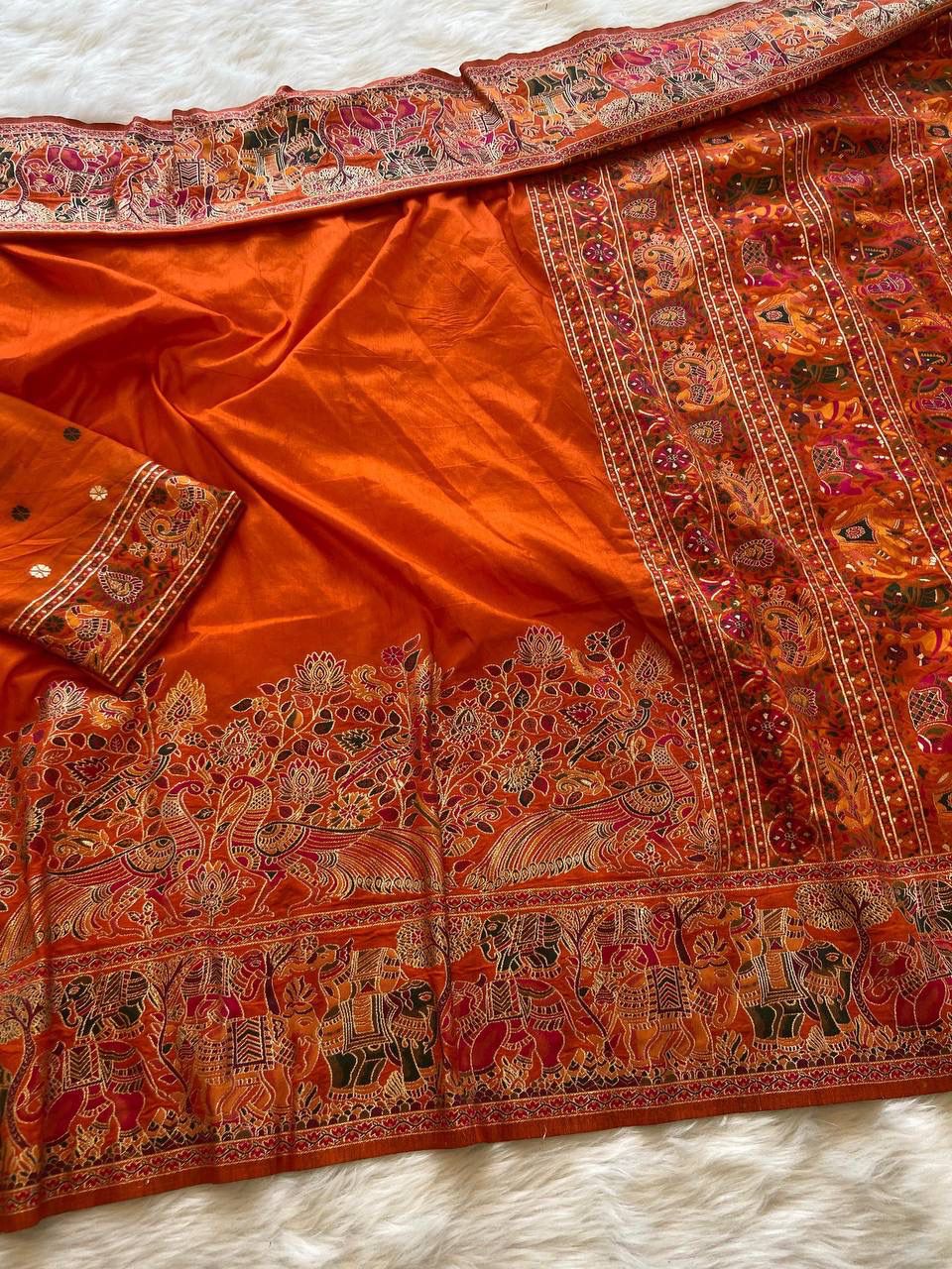 Women Pure Soft Rajwadi Pashmina Silk Weaving Saree With Butti Blouse - Orange