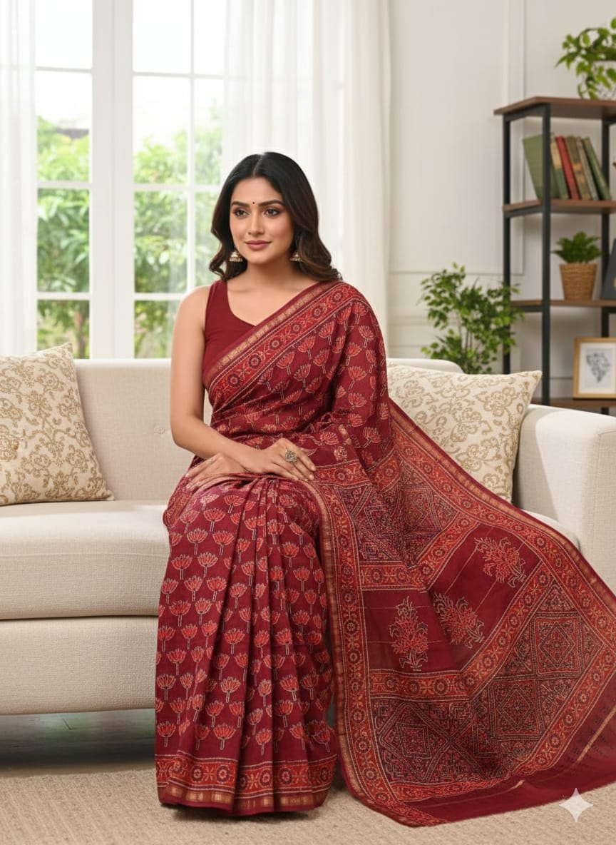Soft Chanderi Silk Saree With Gold Zari Border