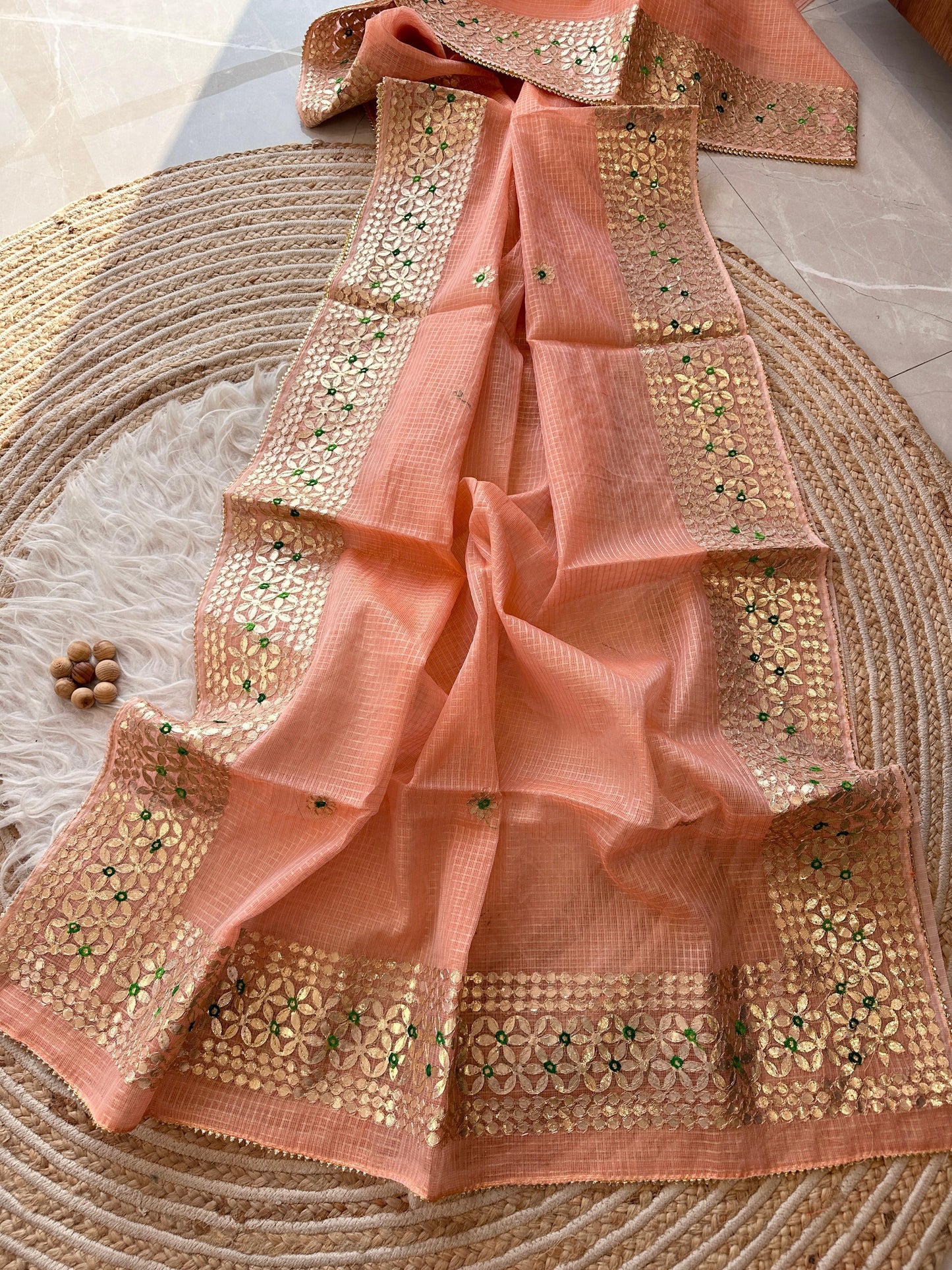 Soft Kota Doriya With Zari Chex Fabric Saree-Peach