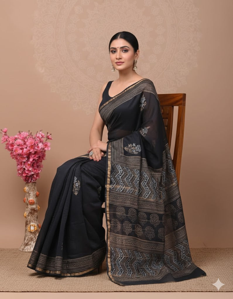 Soft Chanderi Silk Saree With Gold Zari Border