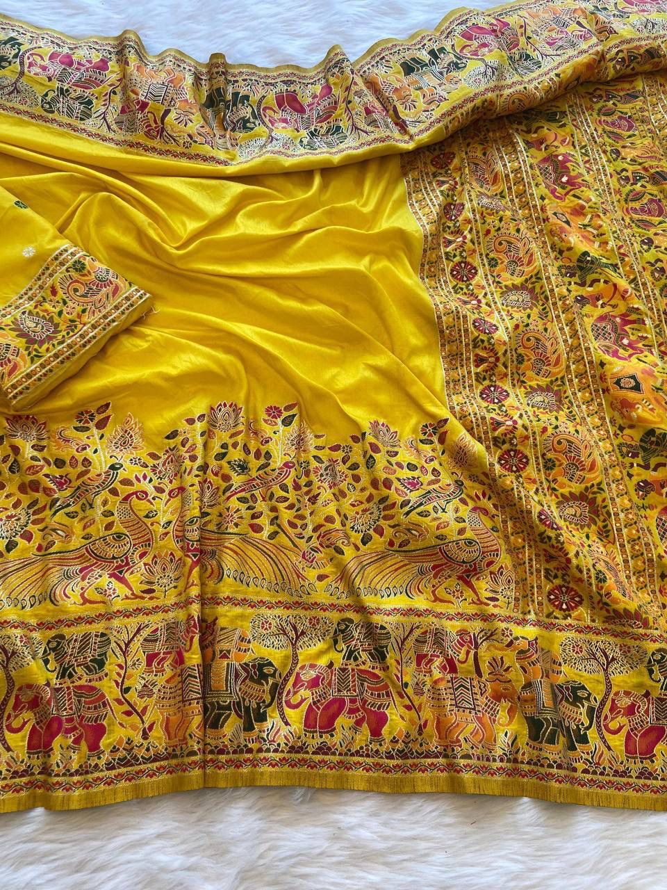 Women Pure Soft Rajwadi Pashmina Silk Weaving Saree With Butti Blouse - Yellow