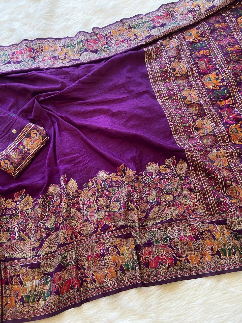 Women Pure Soft Rajwadi Pashmina Silk Weaving Saree With Butti Blouse - Purple