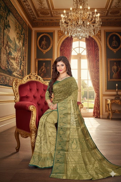Saree tissue silk Green and golden Sari wedding partywear festive