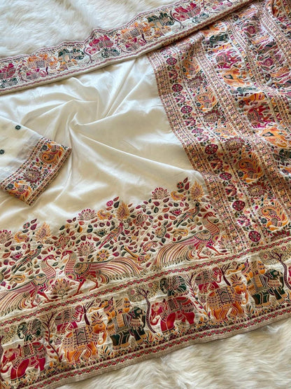 Women Pure Soft Rajwadi Pashmina Silk Weaving Saree With Butti Blouse - White
