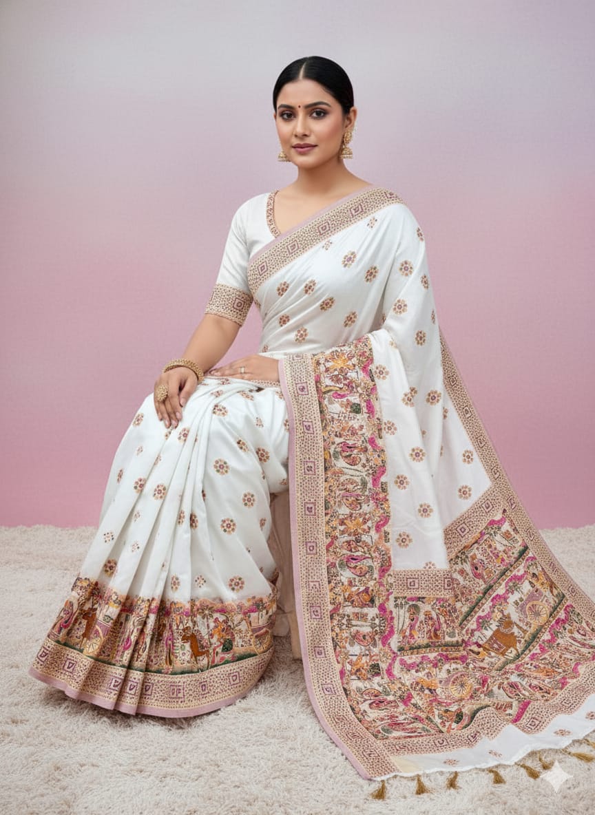 Women Premium Viscose Rajwadi Pashmina Silk Saree With Tassels