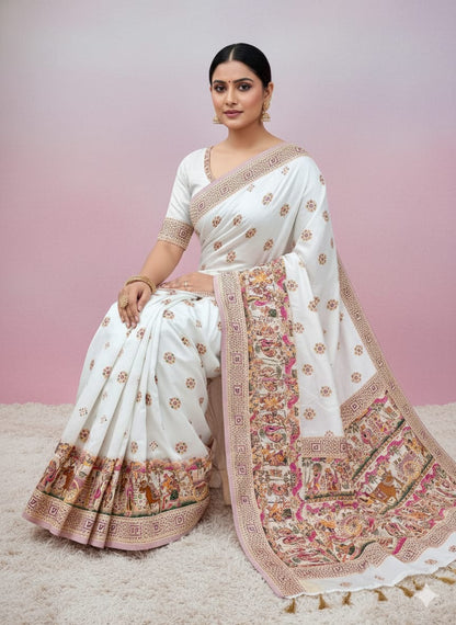 Women Premium Viscose Rajwadi Pashmina Silk Saree With Tassels