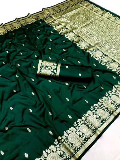 Women Pure Soft Banarsi Silk Saree Dark Green With Zari Weaved